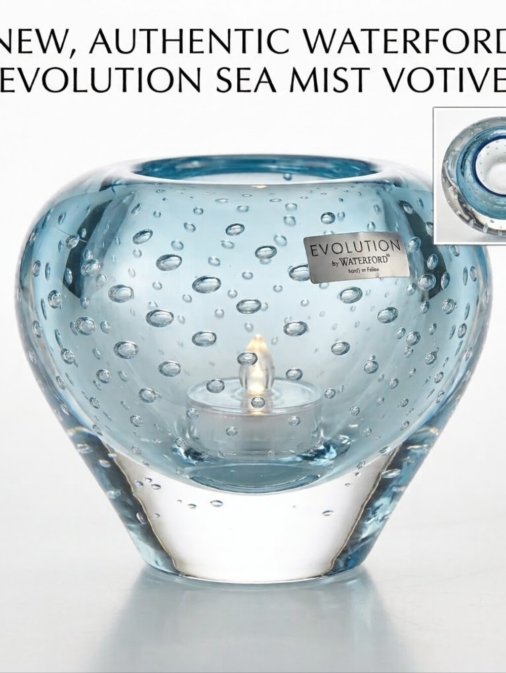 Waterford Crystal Evolution Sea Mist Blue Bubble Glass Votive
